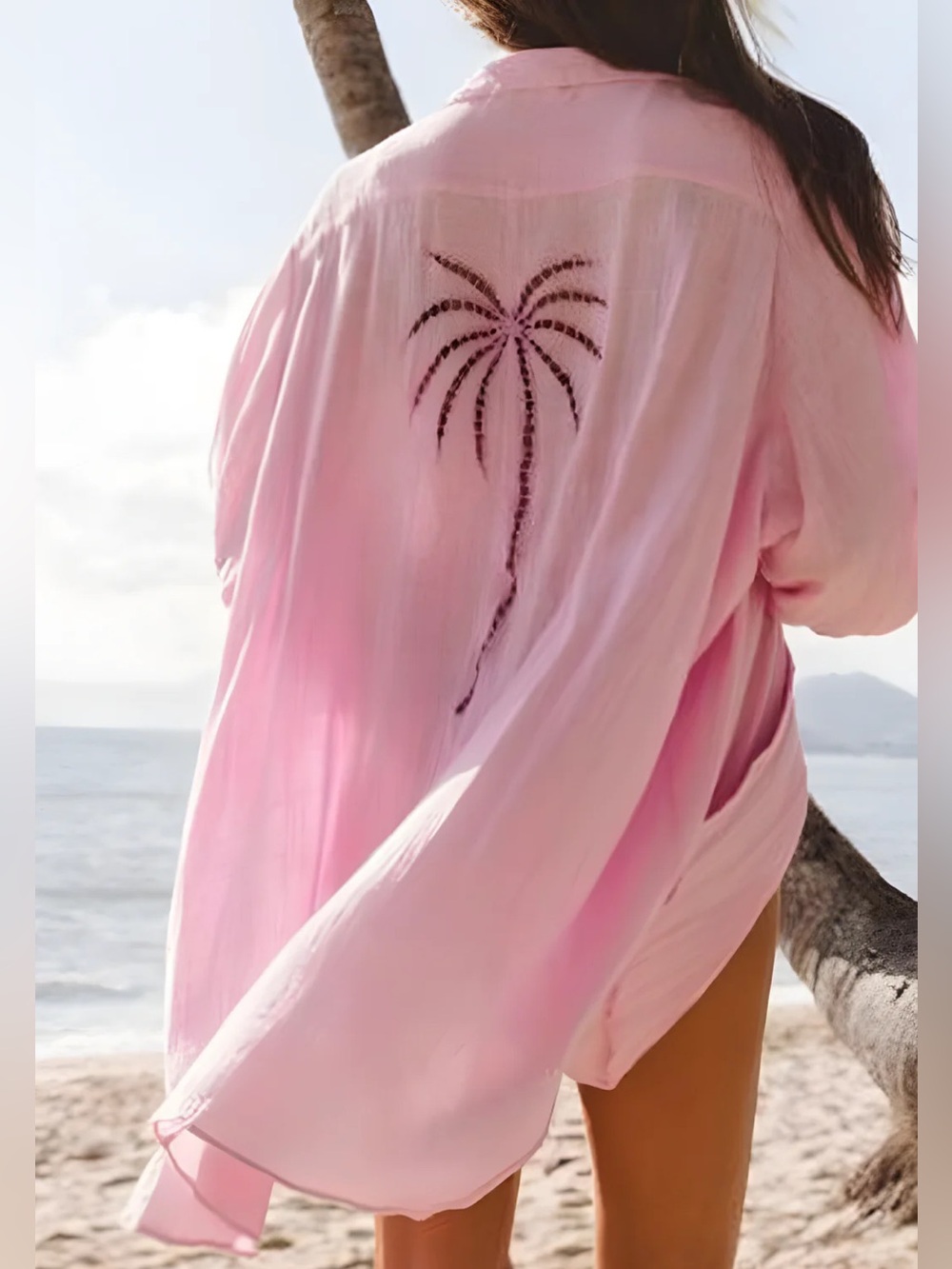 Pink Beach Cover-Up Shirt with Embroidered Palm